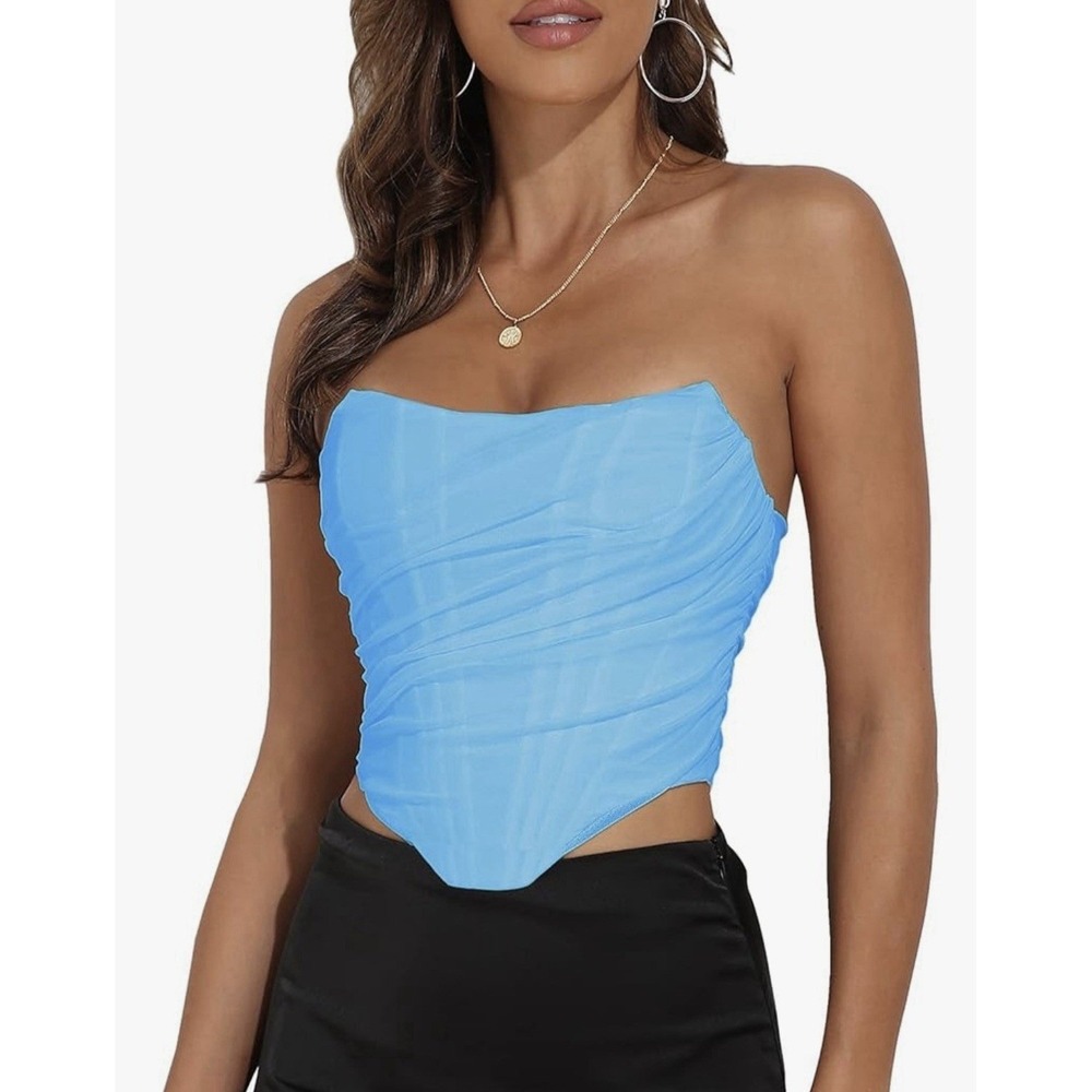 Women's Strapless Open Back Boned Mesh Bustier Zip Back Corset Crop Top Blue